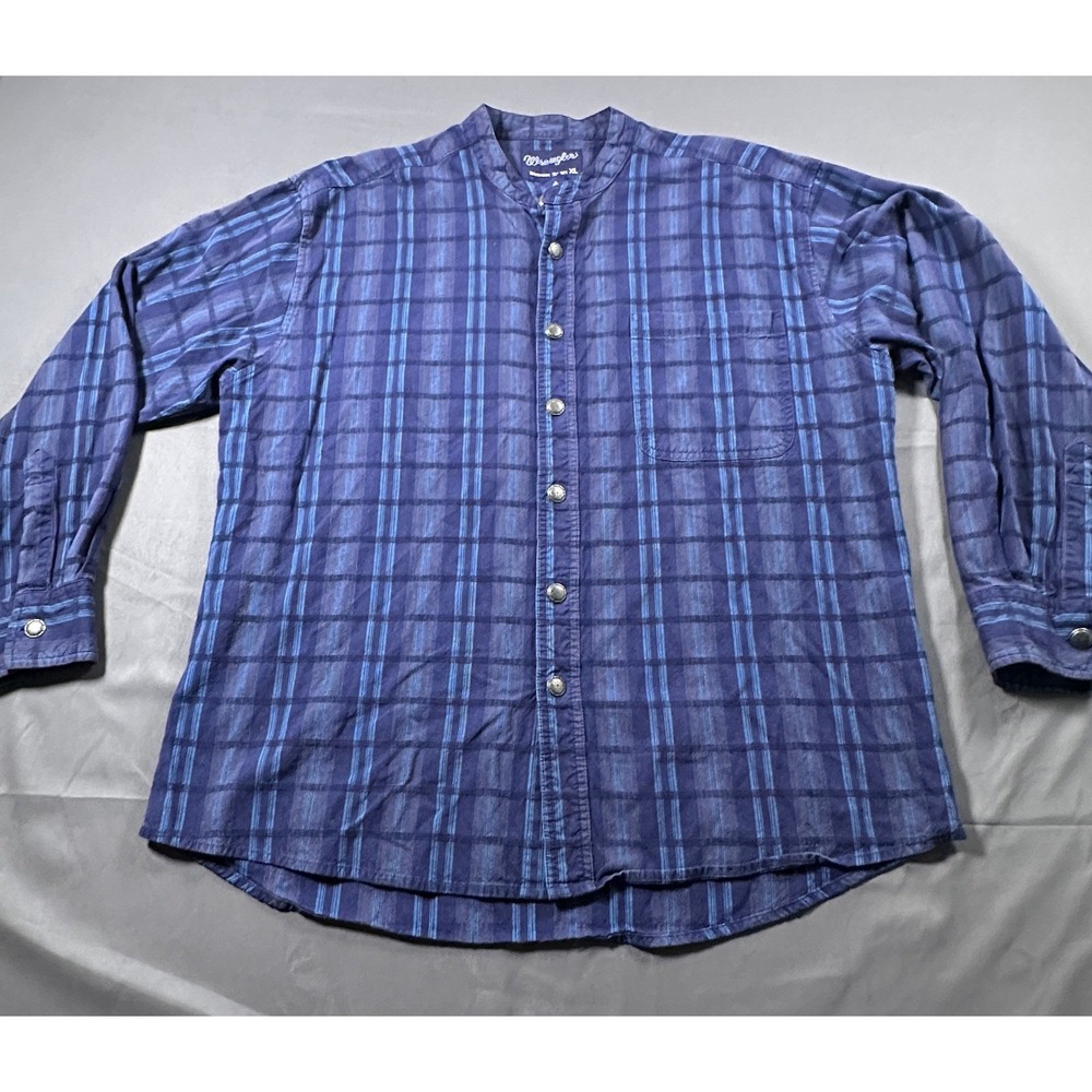 Wrangler Western Shirt Mens XL Blue Plaid Banded Collar Button Up MV2222A